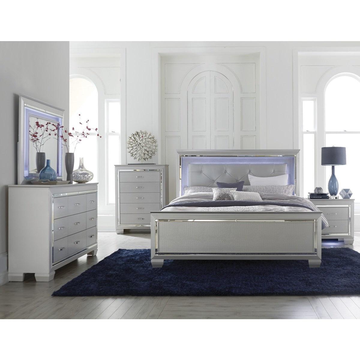 Close-up of tufted faux leather upholstered headboard with LED backlight