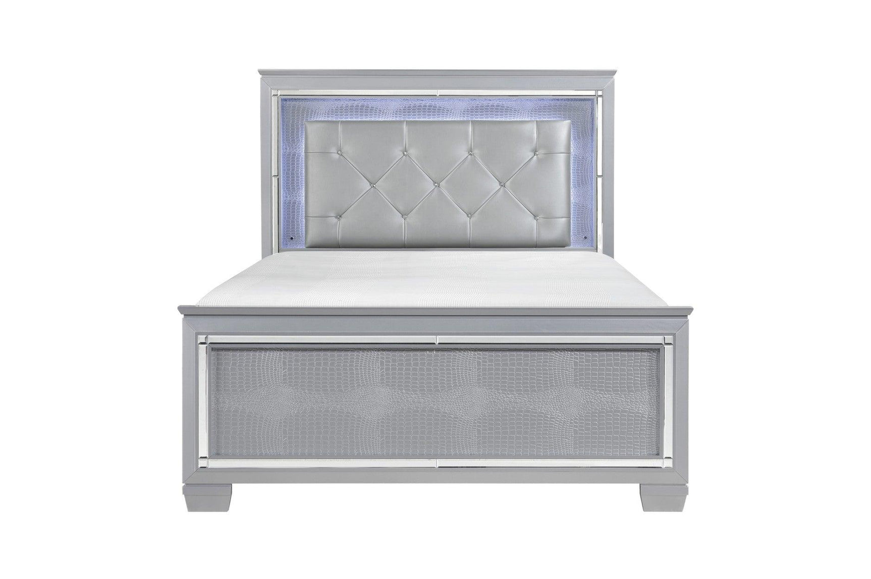 Front close-up of tufted silver faux leather LED bed
