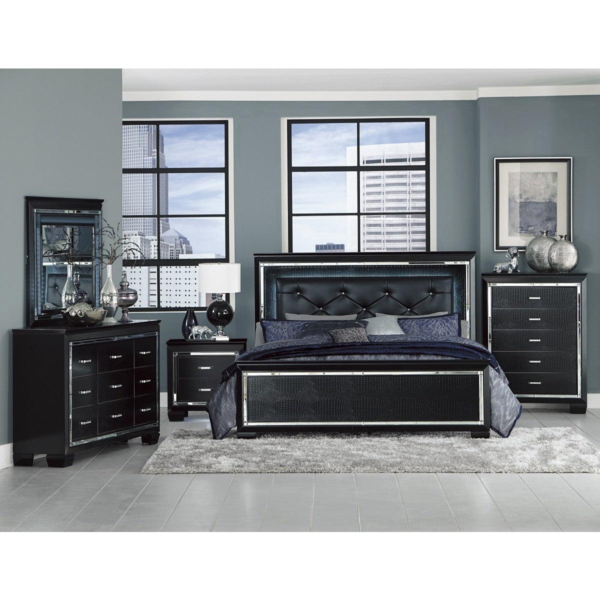 Detailed view of button-tufted faux leather headboard on Allura Black Queen Bed