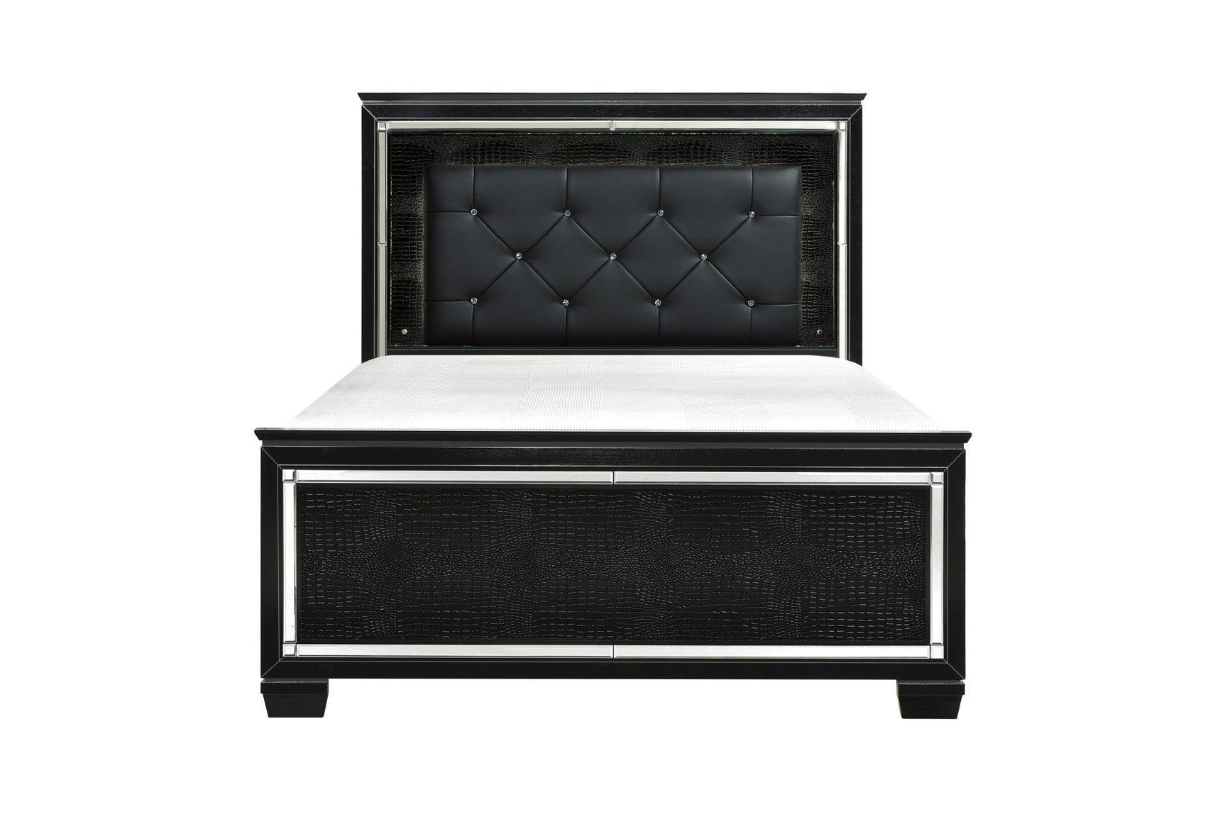 front view of Allura Black faux leather tufted LED panel bed