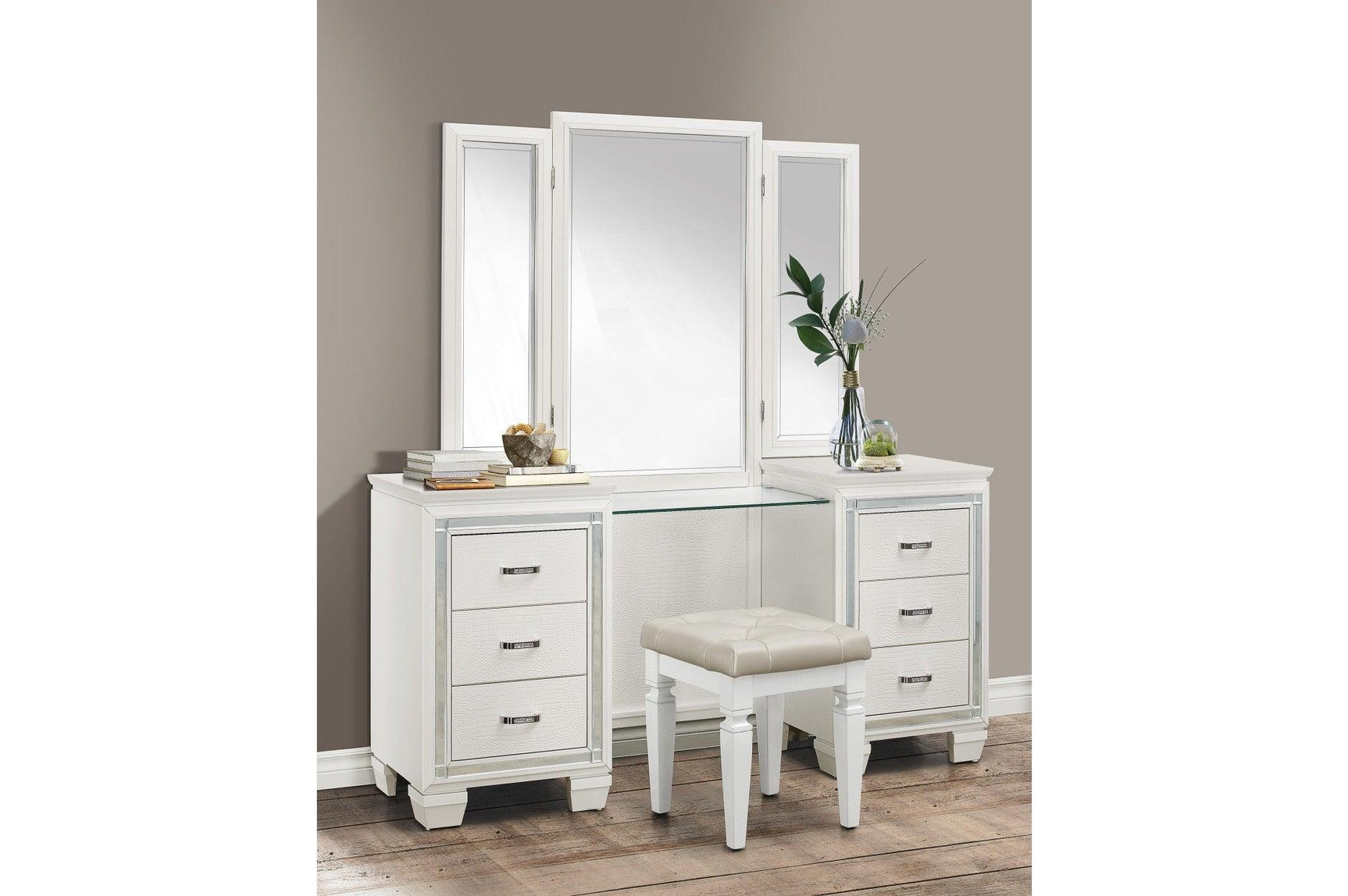 side view of Allura White Faux Leather Tufted LED Panel Bedroom Set bed