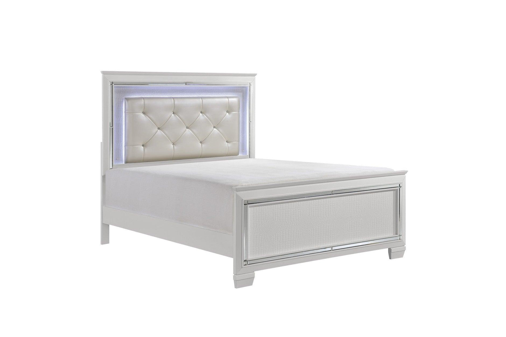 side view of Allura White Faux Leather Tufted LED Panel Bedroom Set bed