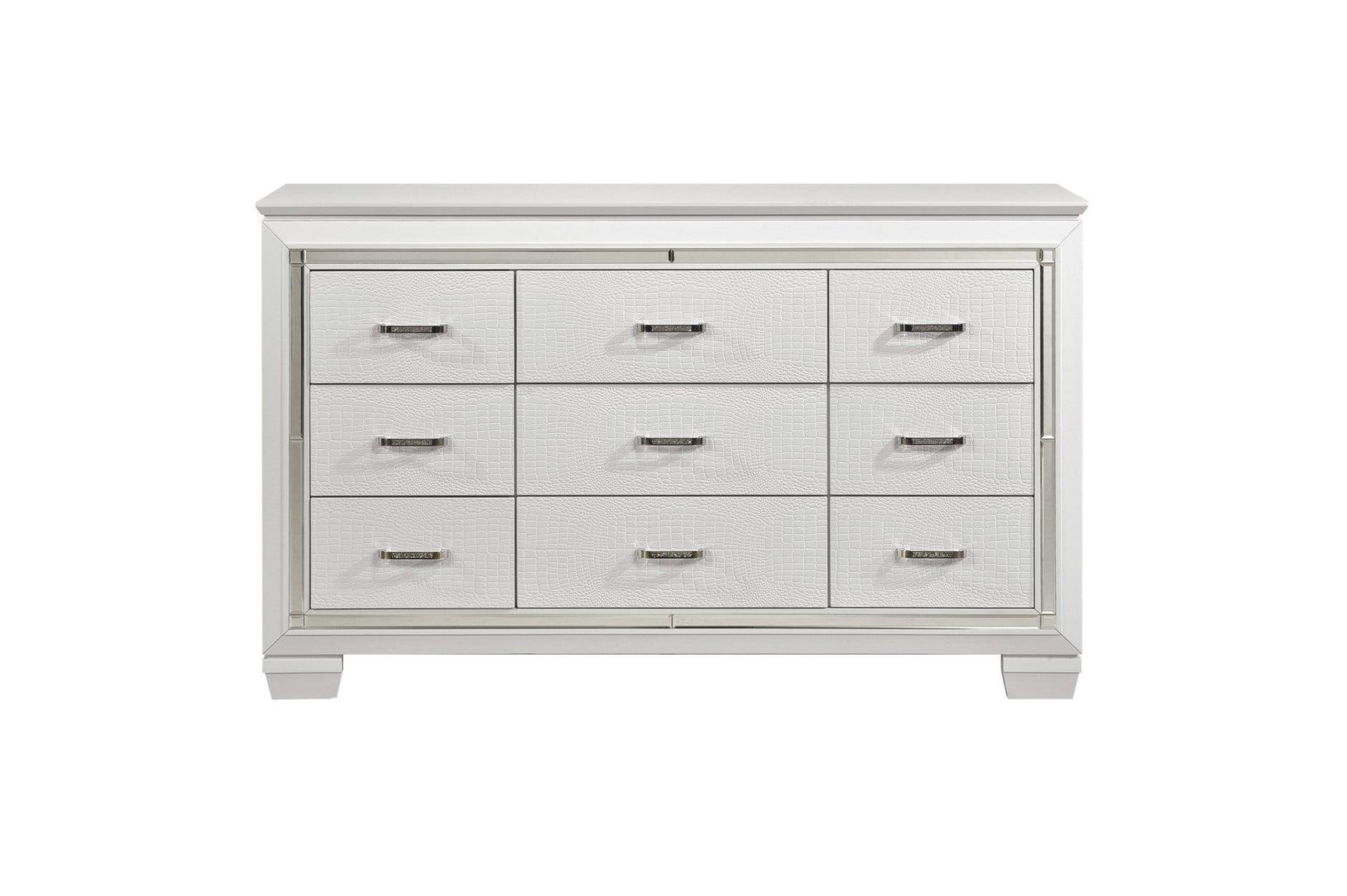 bedroom view of Allura White Faux Leather Tufted LED Panel Bedroom Set bed