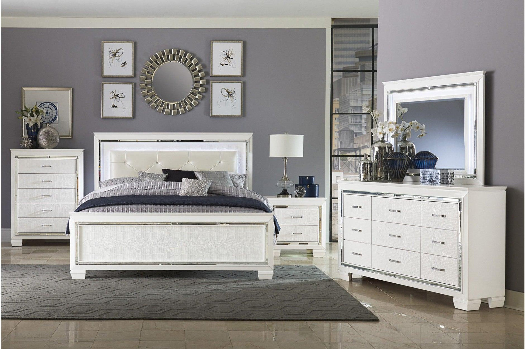 main view of Allura White Faux Leather Tufted LED Panel Bedroom Set bed