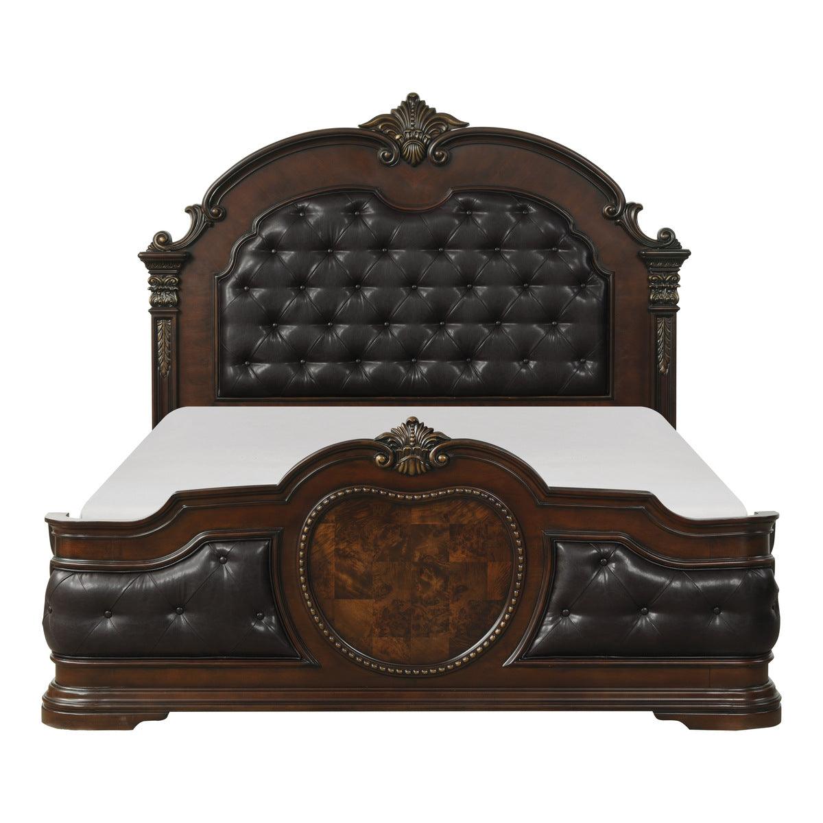 Front view of Antoinetta Brown Cherry Veneer Queen Panel Bed with tufted faux leather headboard
