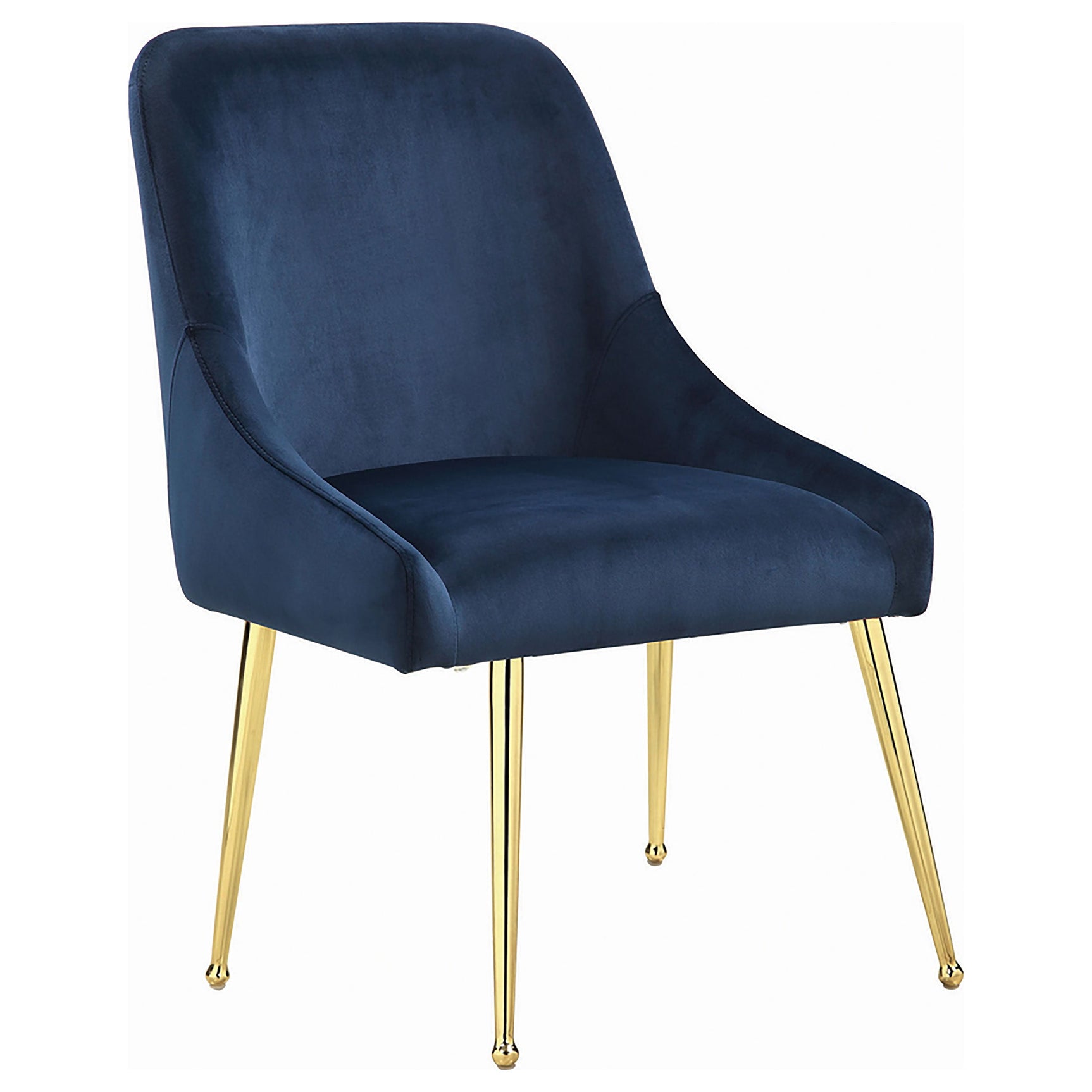 Front view of Kella marble dining table with four blue upholstered chairs