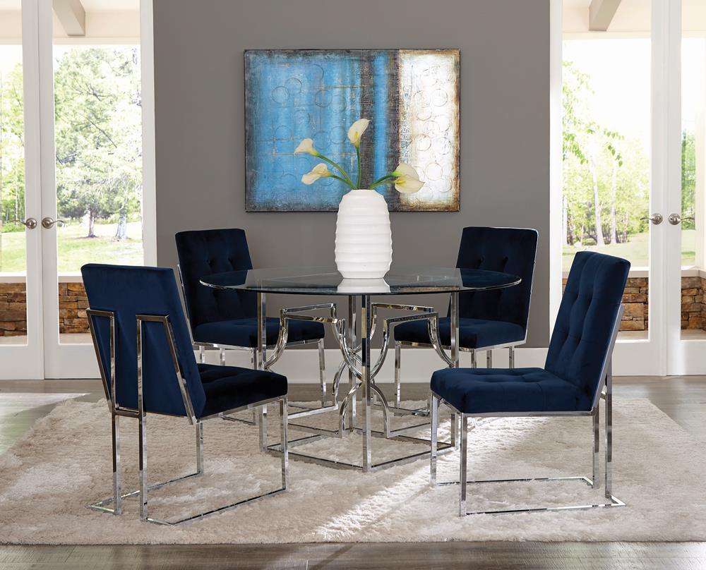 Back view of Cisco upholstered dining chair in ink blue fabric