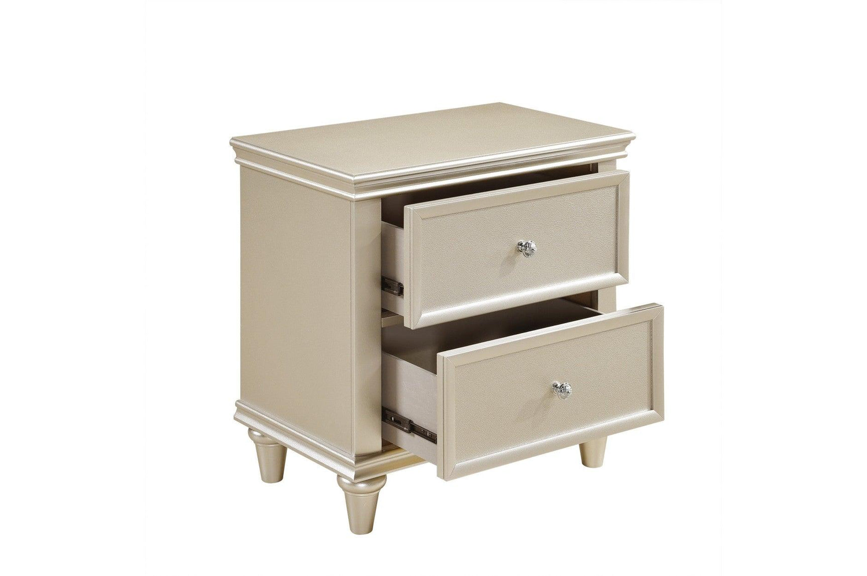 Open drawers in Celandine Pearl dresser showing storage