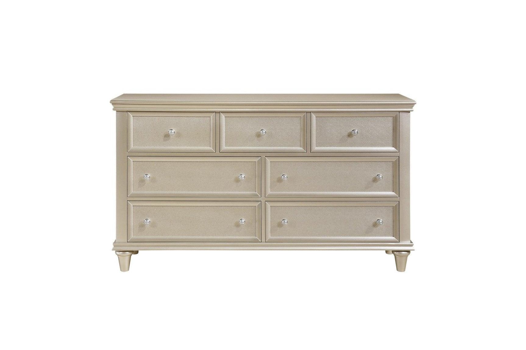 Full view of queen bed, dresser, and mirror in Celandine Pearl set