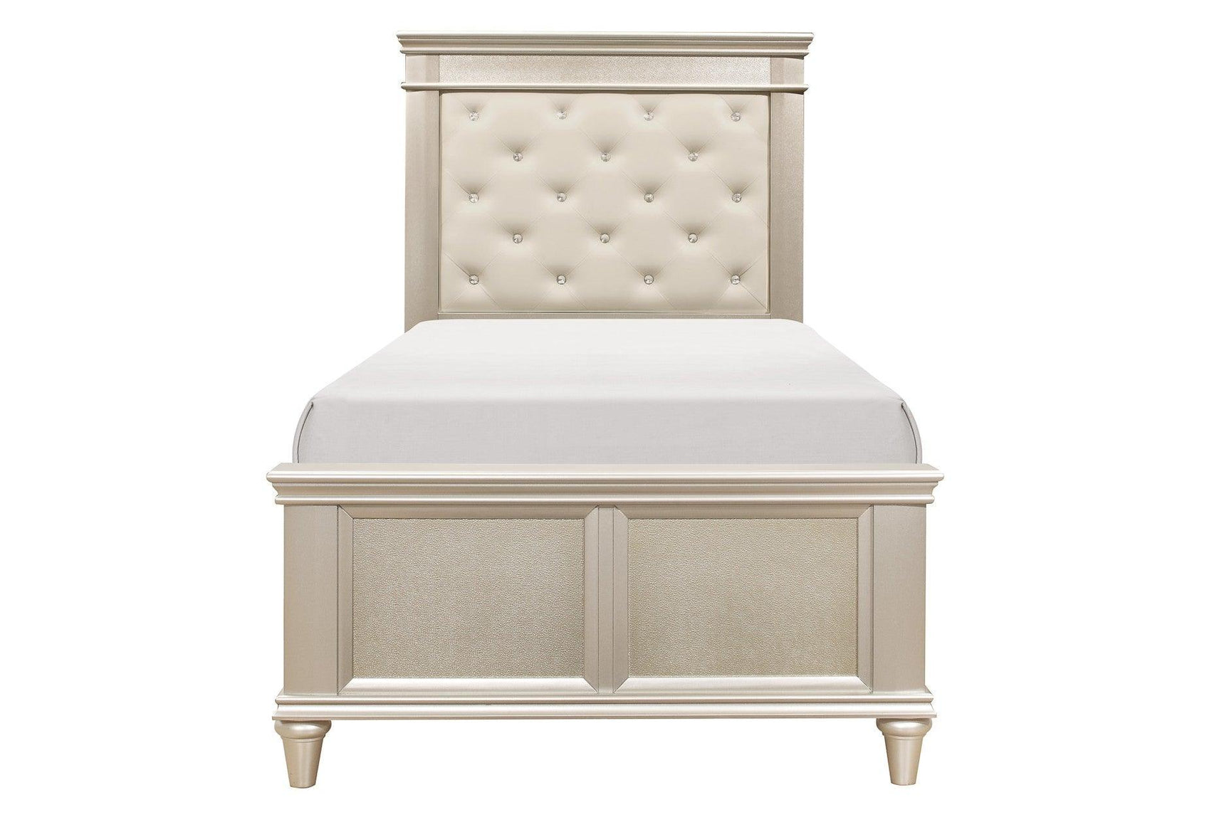 Close-up of pearlized faux leather tufted headboard