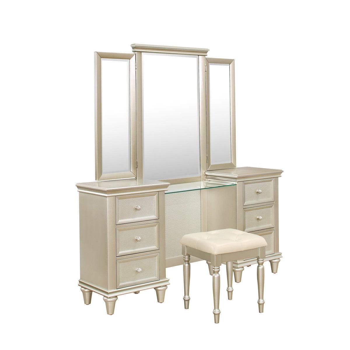 Side view of Celandine Silver Wood Vanity Dresser with Mirror
