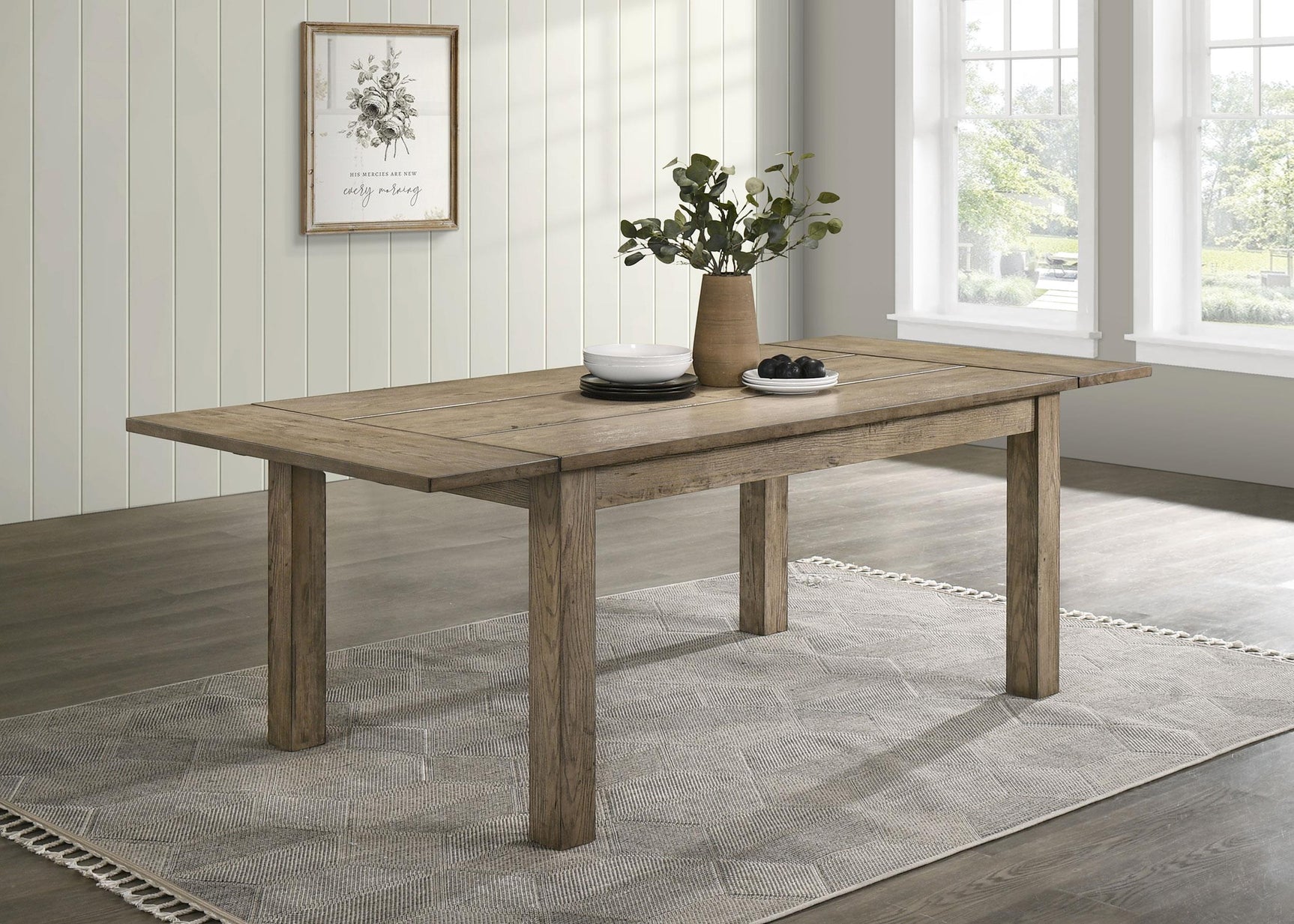 Cardova dining table side view showing wood grain finish