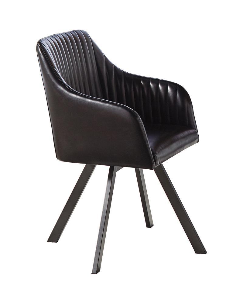 Side view of black leatherette swivel dining chair with gunmetal legs