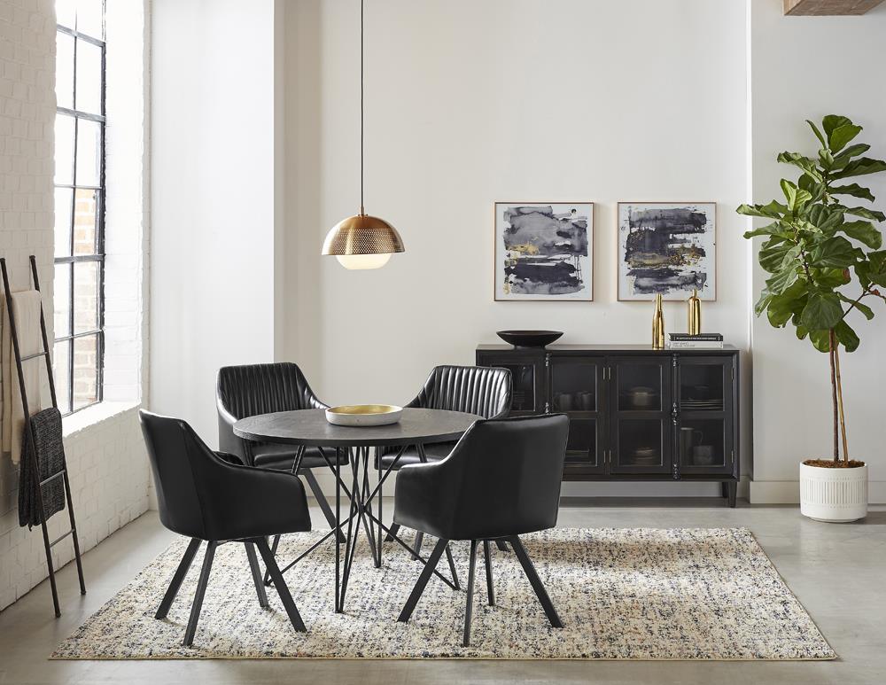 Close-up of vertical channel tufting and sloped arm on swivel dining chair