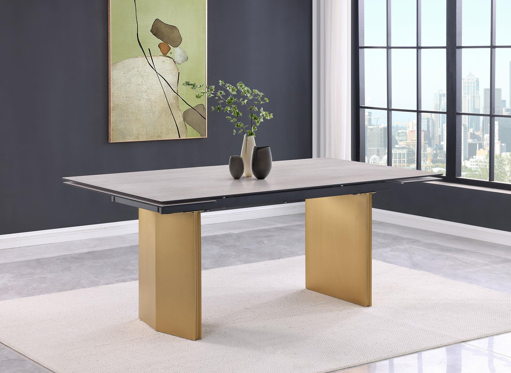 Beige glass top with 3D print design on Vesa dining table