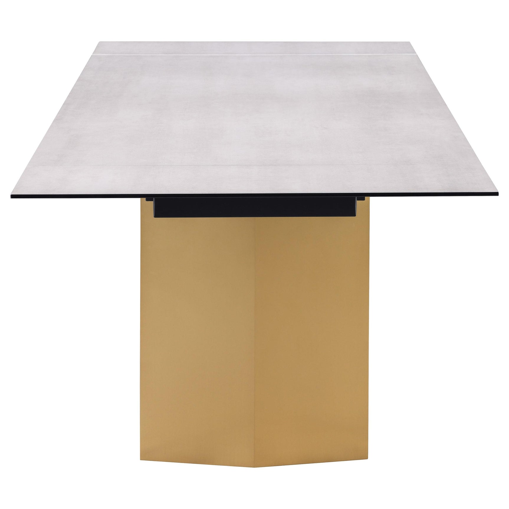 Rear view of contemporary beige glass dining table