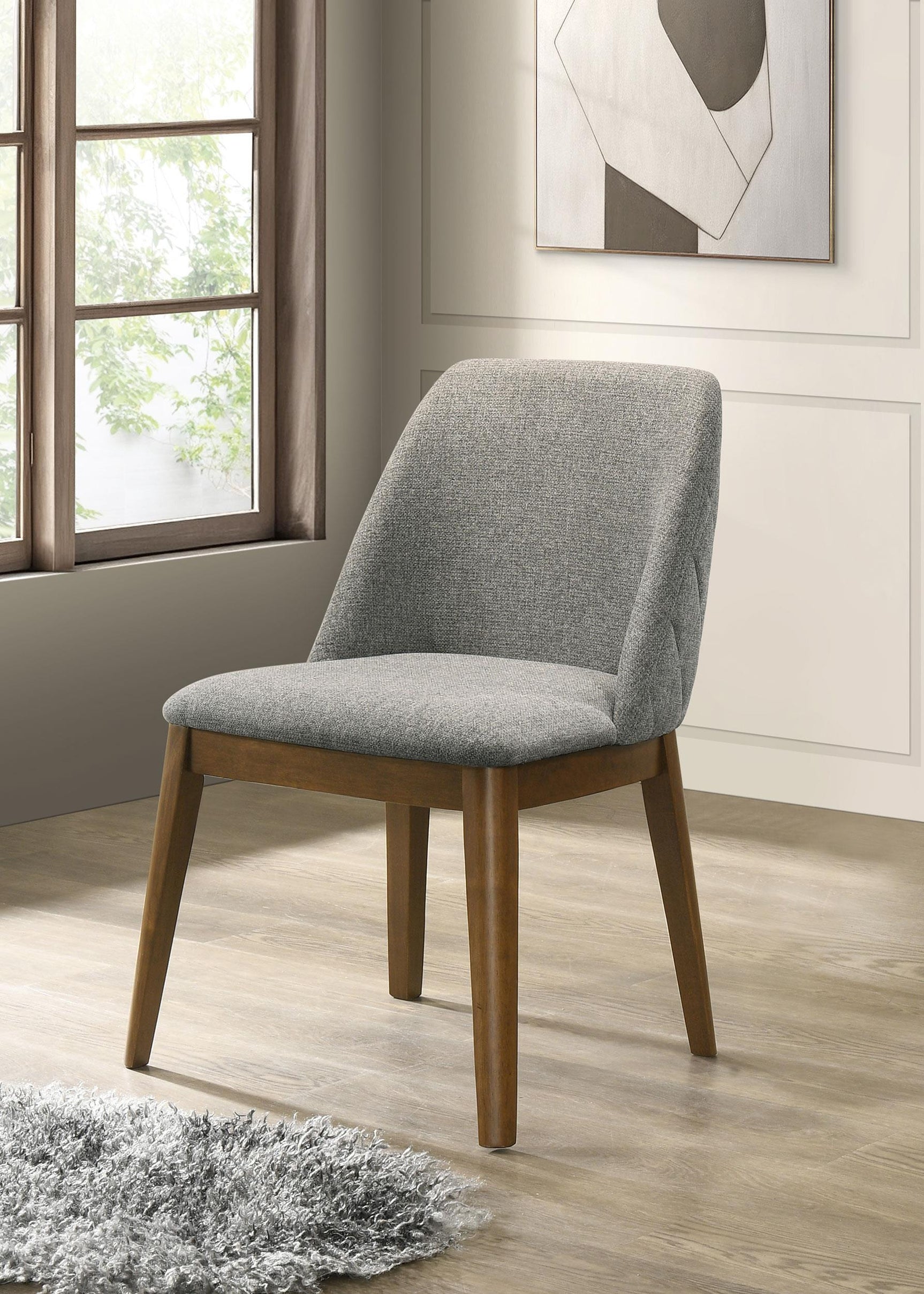 Side view of Franklin grey upholstered dining side chair