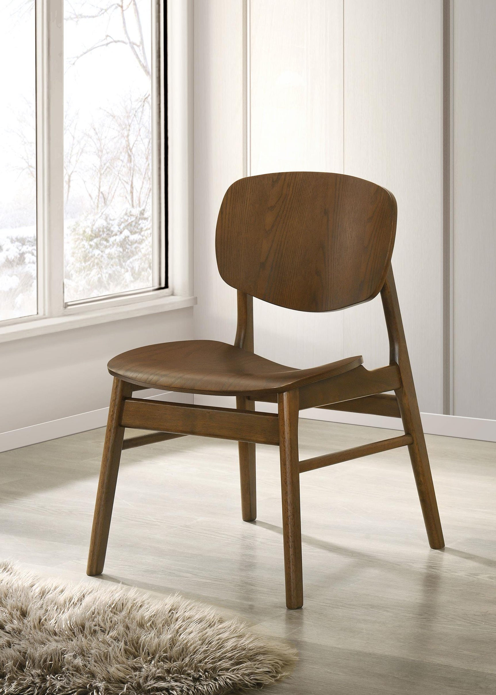 Side view of Benford dark brown wood dining side chair