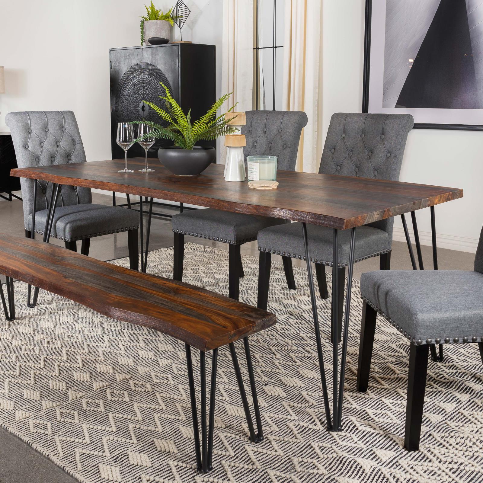 Neve Live-edge Dining Table full view with grey wood top and metal legs