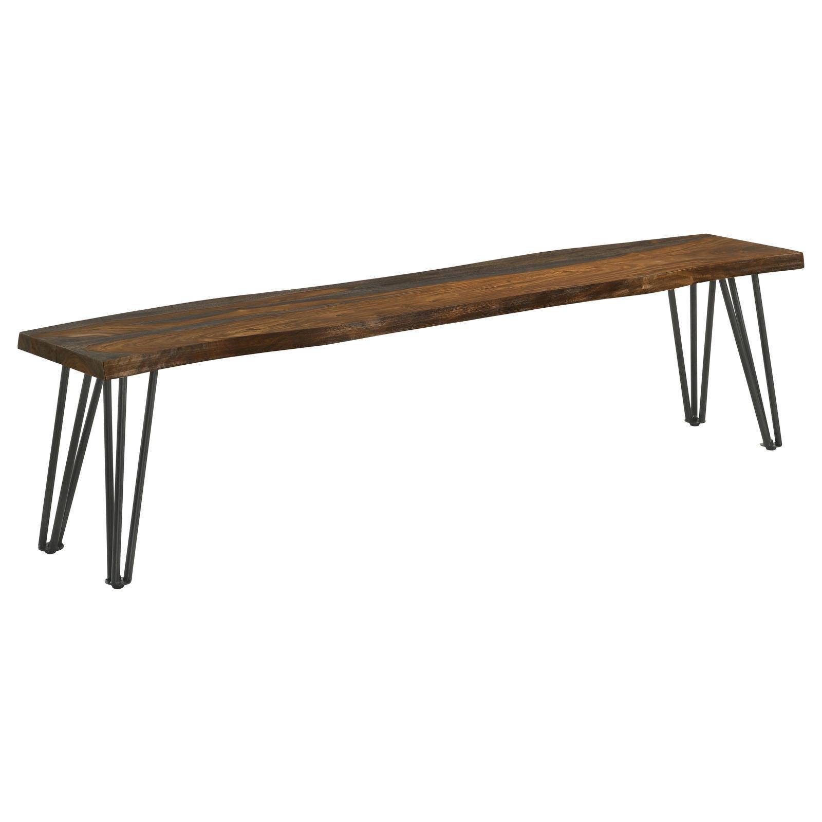 Side angle of Neve Live Edge Sheesham Wood Dining Bench showing natural wood grain and metal legs