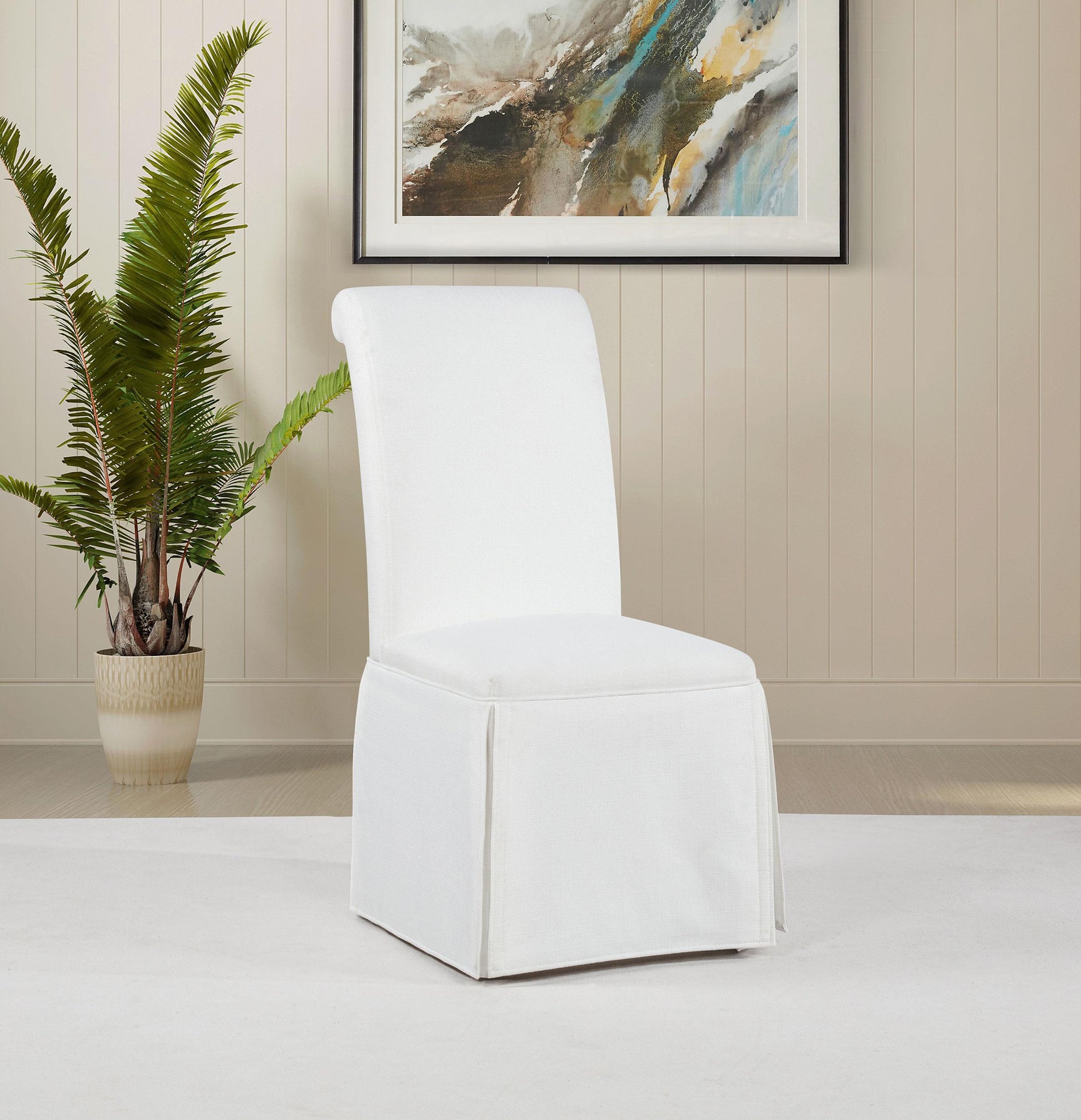 Shawna white upholstered skirted side chair side view