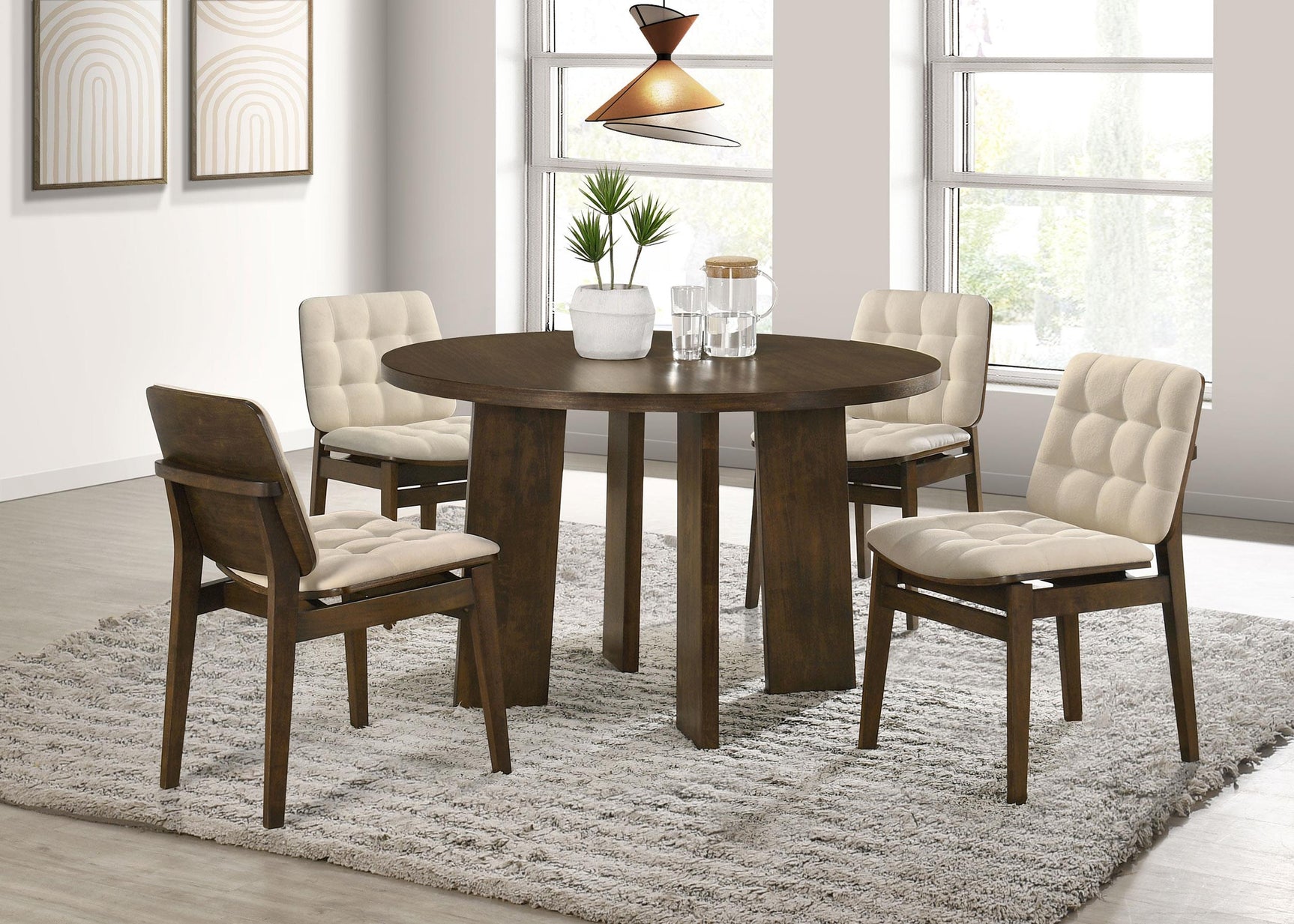 Redbridge velvet upholstered cream dining side chair with walnut frame front angle