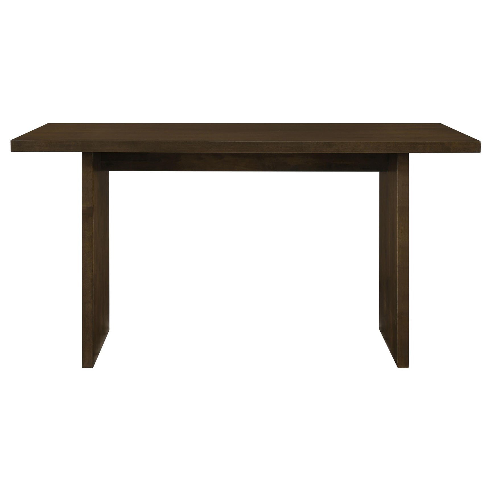 Side view of Decker 70-inch rectangular dark walnut counter height dining table