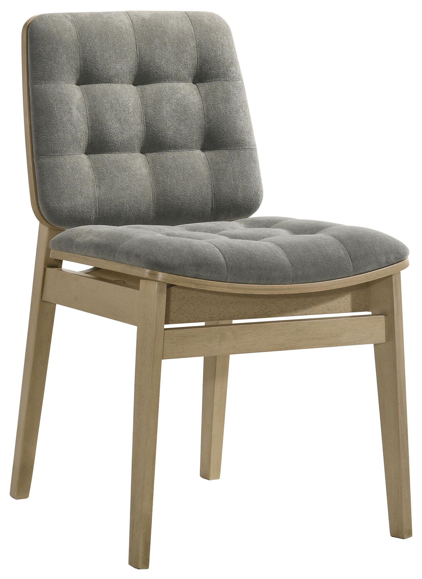 Close-up of grey velvet channel tufting on seat and back