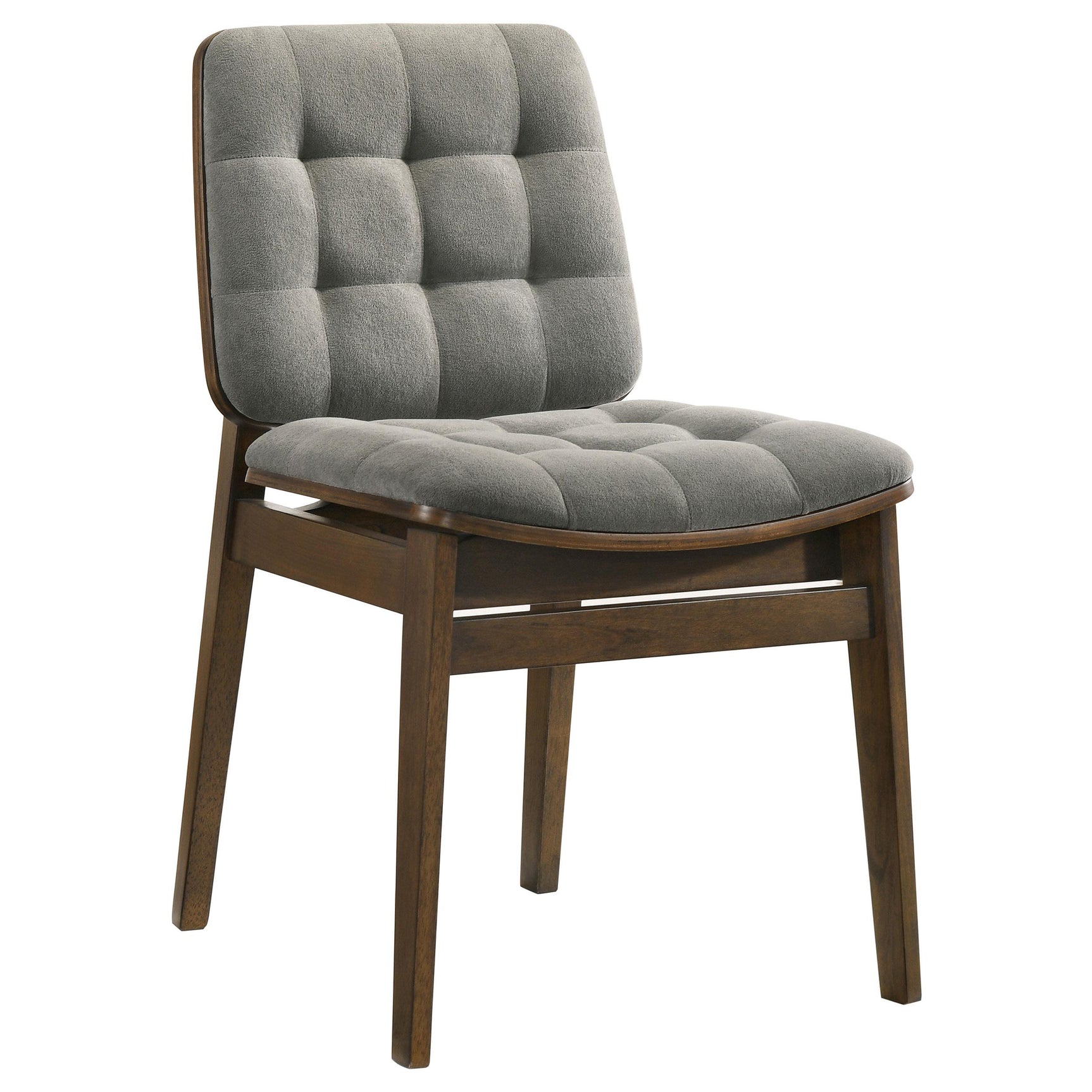 Close-up of channel-tufted grey velvet upholstery on Redbridge dining chair