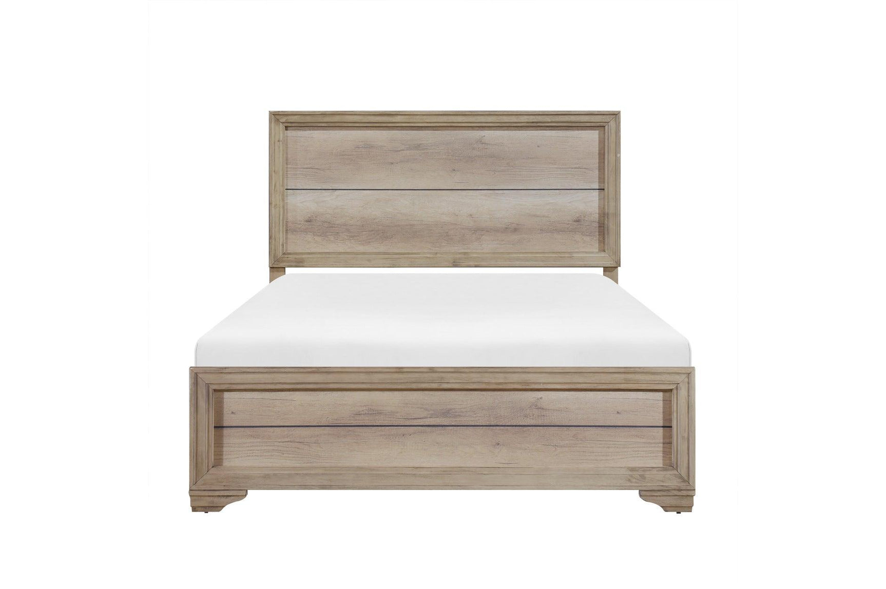Bedroom arrangement with Lonan laminate panel bed and dresser