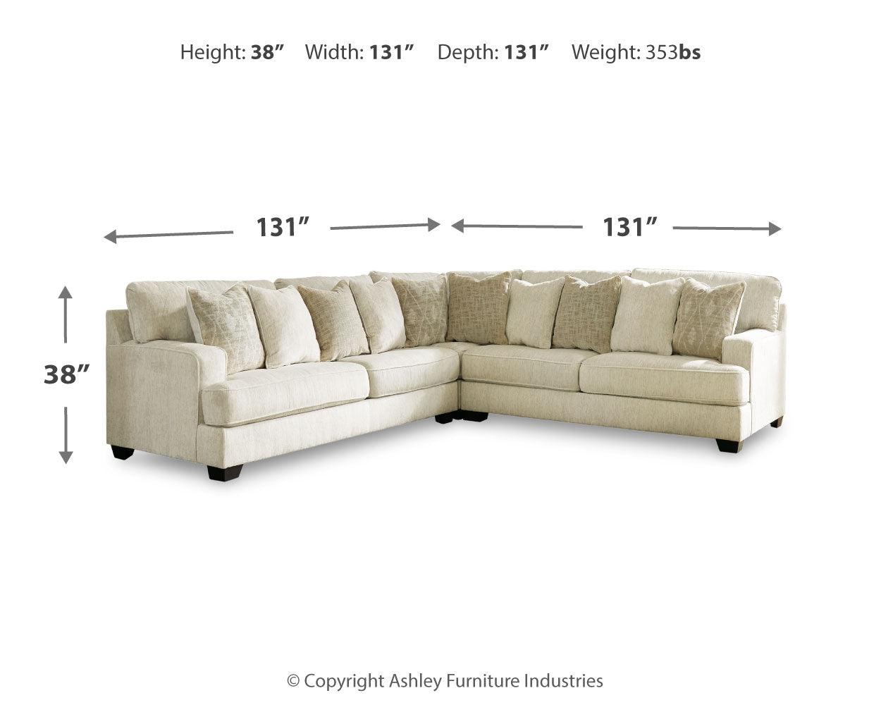Rawcliffe Parchment Chenille 3-Piece Sectional sofa with dimension layout