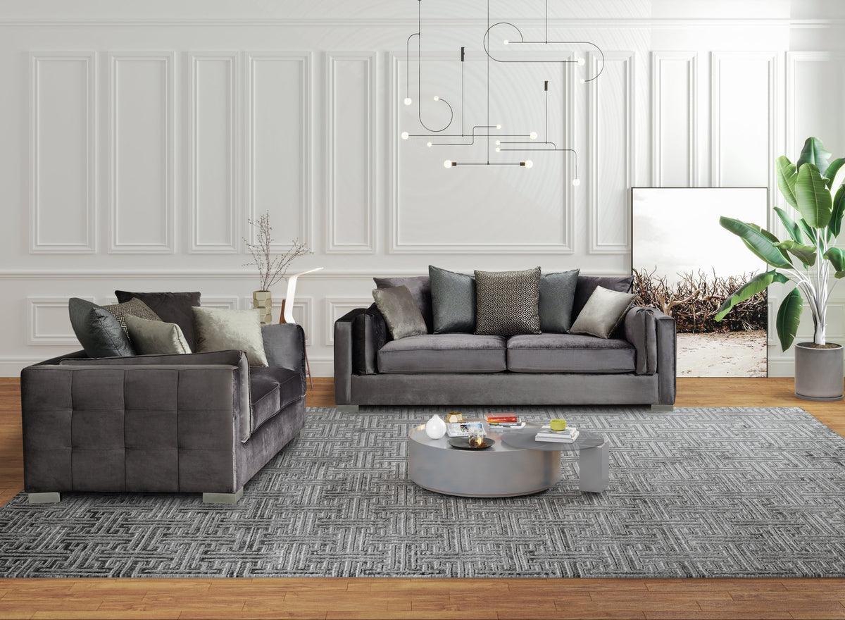 Side view of Skylar Gray Velvet Sofa and Loveseat showing arm detail