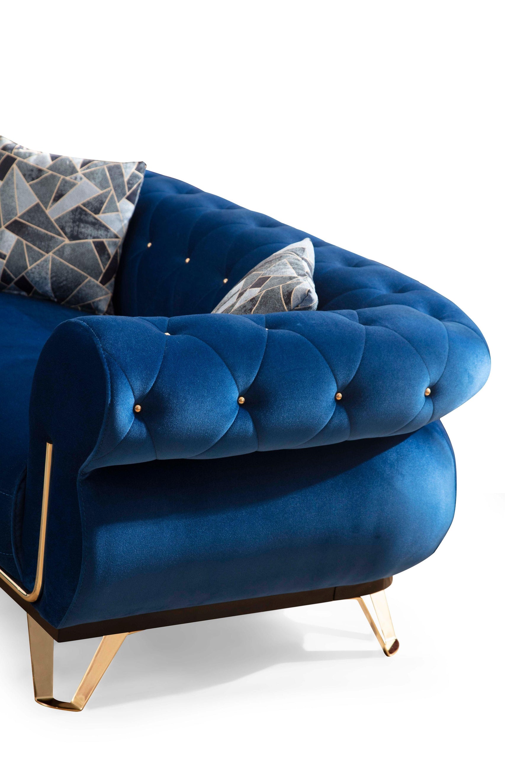 Lily Navy Velvet Sofa and Loveseat set side angle view
