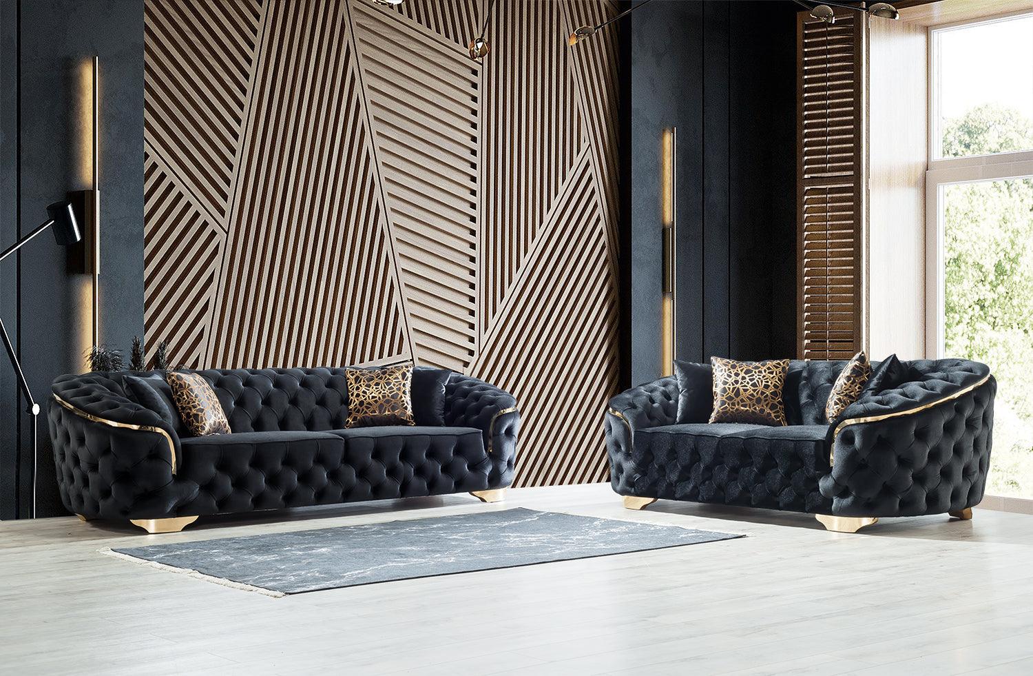 Scarlett Black Velvet Sofa and Loveseat set main front view