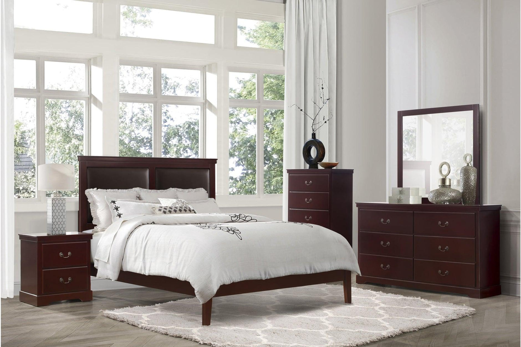 Side view of Seabright Cherry Faux Leather Bedroom Set bed