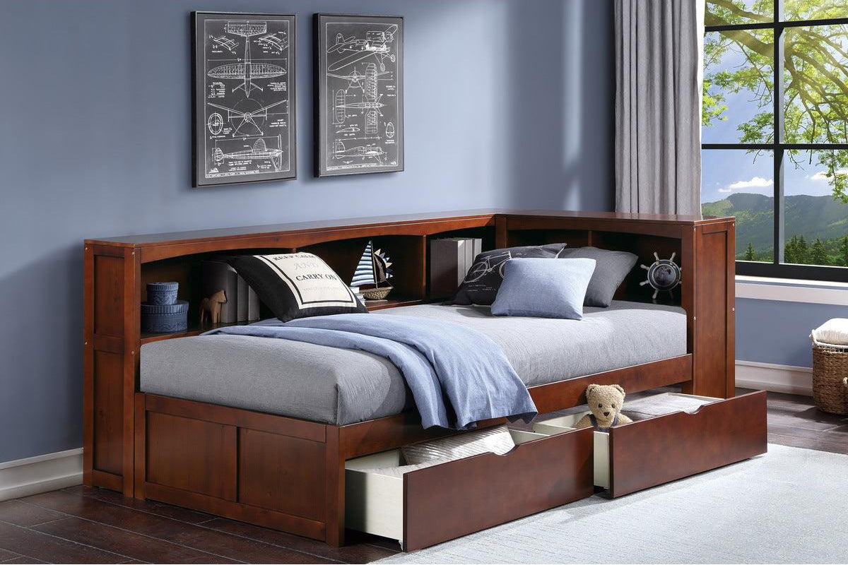Rowe Dark Cherry Twin Bookcase Corner Bed with Storage Boxes top view