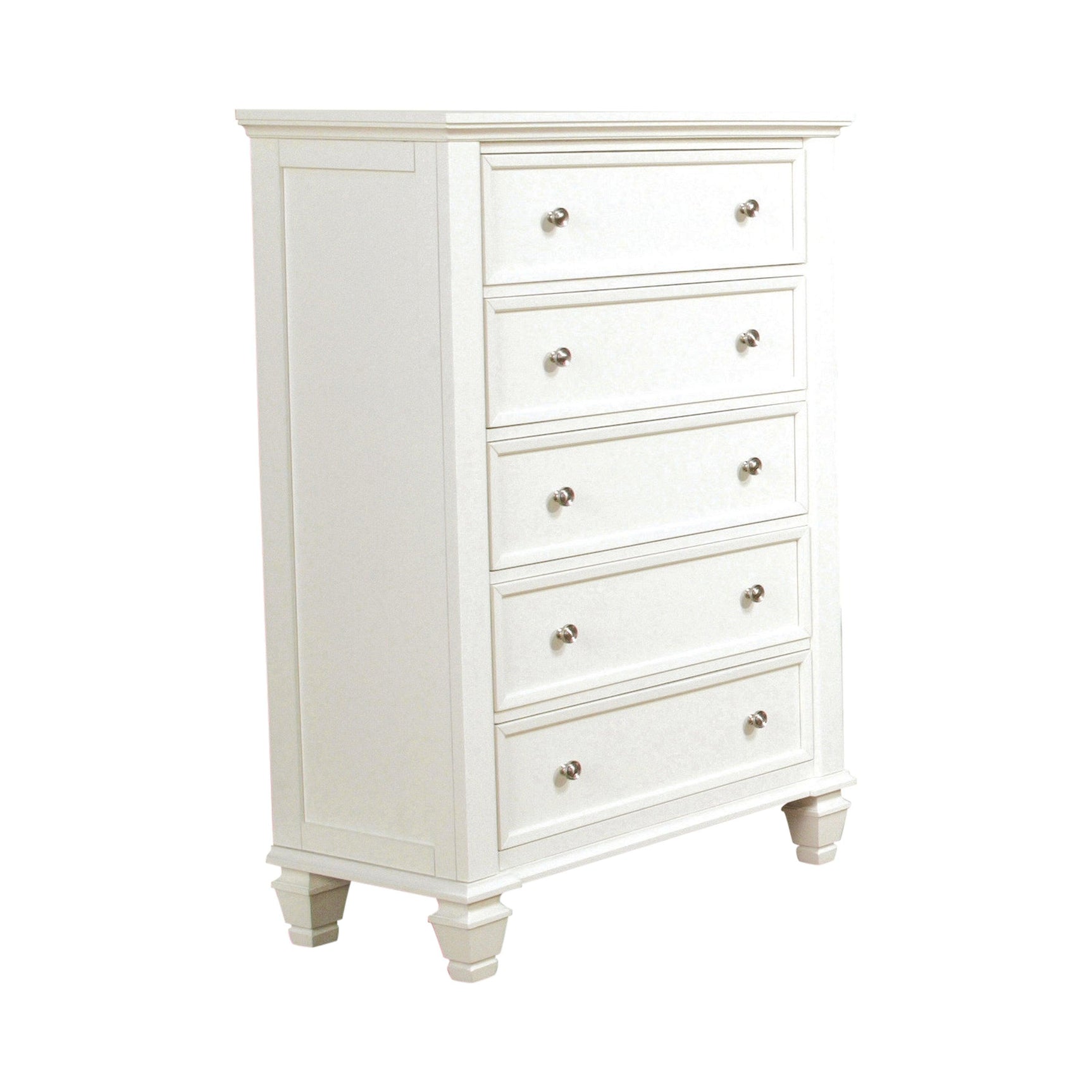 Mirror hanging above white dresser in bedroom