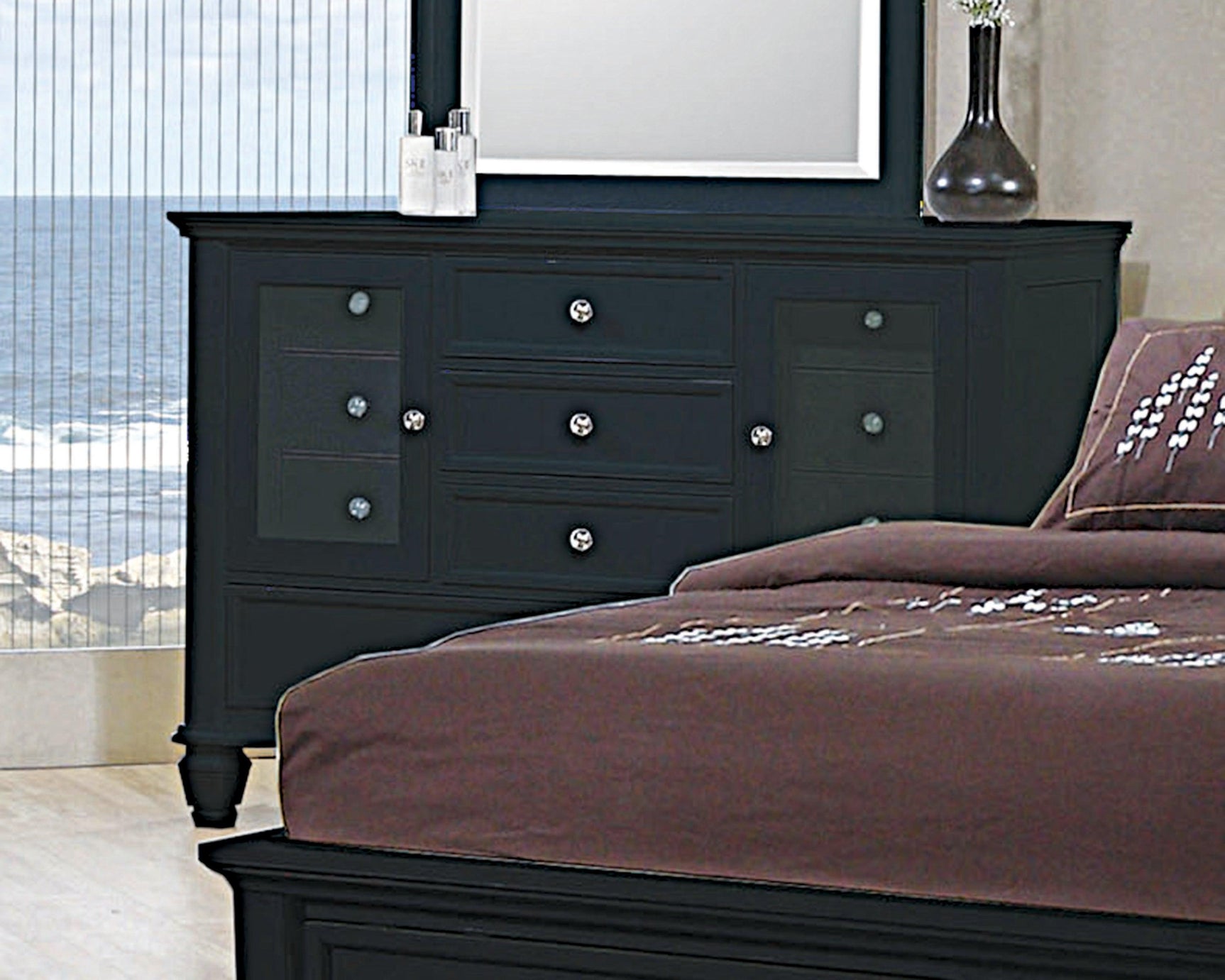 Close-up of beveled mirror and black frame