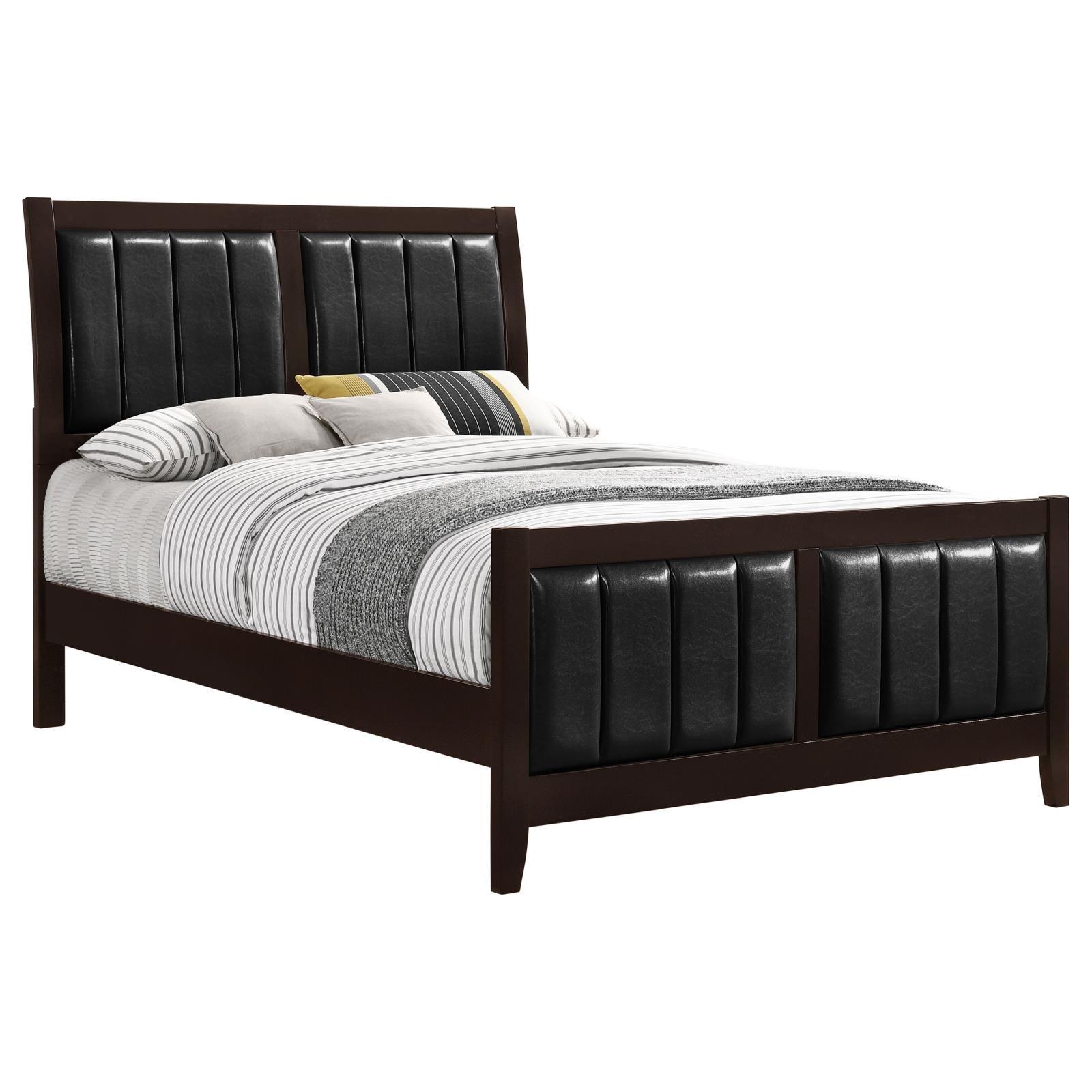 Carlton full upholstered panel bed, close-up of leatherette paneled headboard