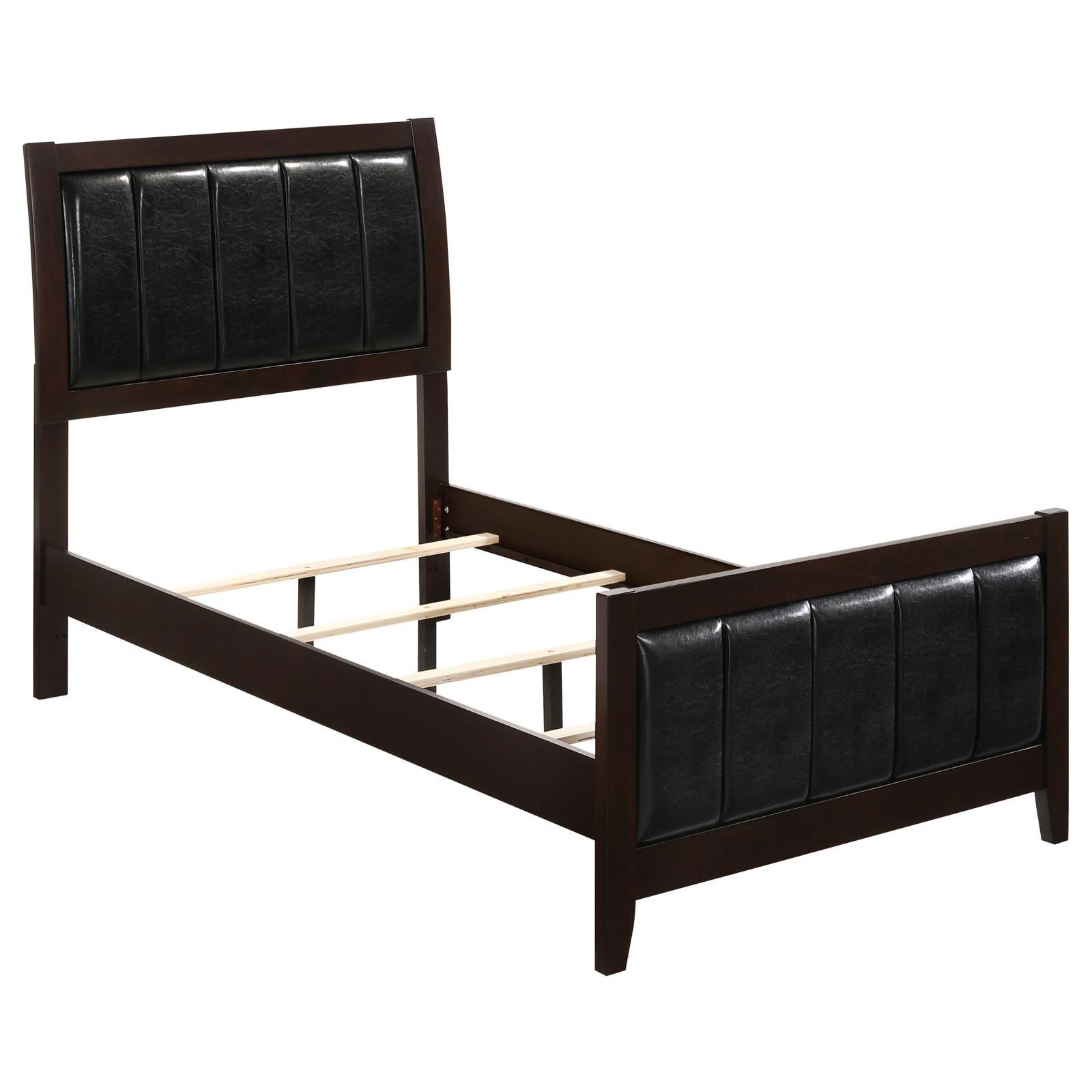Side view of Carlton Twin Upholstered Panel Bed with tapered legs