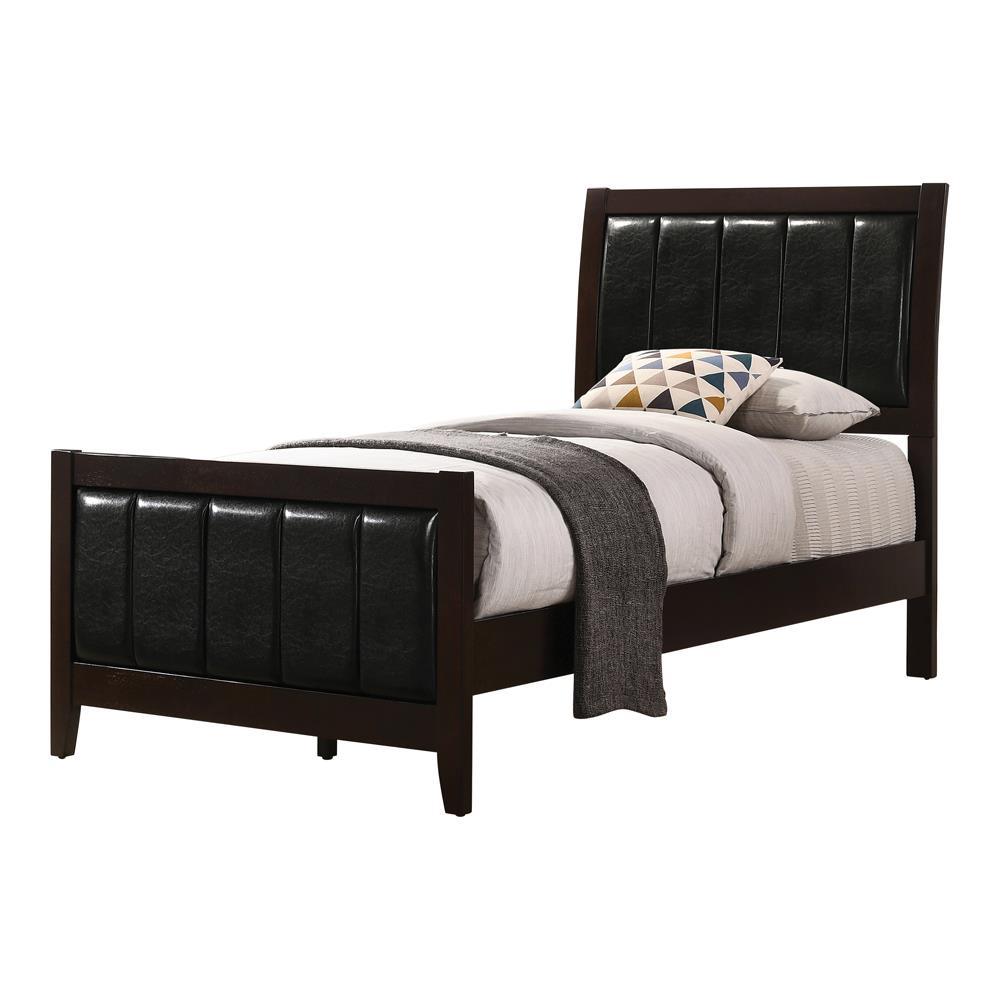 Carlton Twin Upholstered Panel Bed showing headboard detail in cappuccino and black