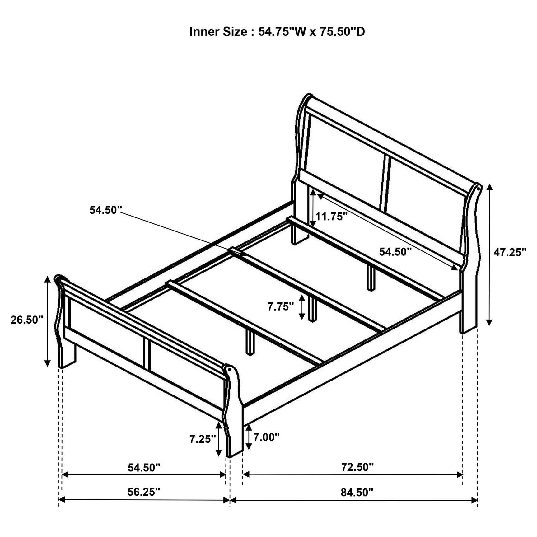 Assembly hardware and hook-and-pin connection on bed rails