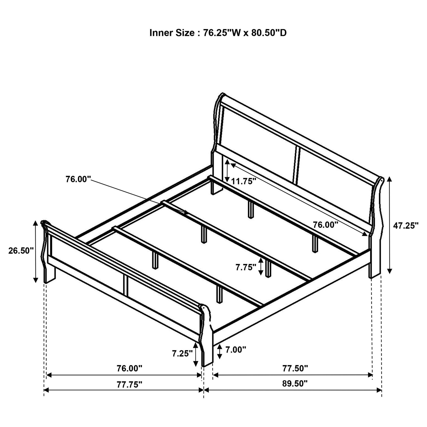 Side view showing bed rails and curves