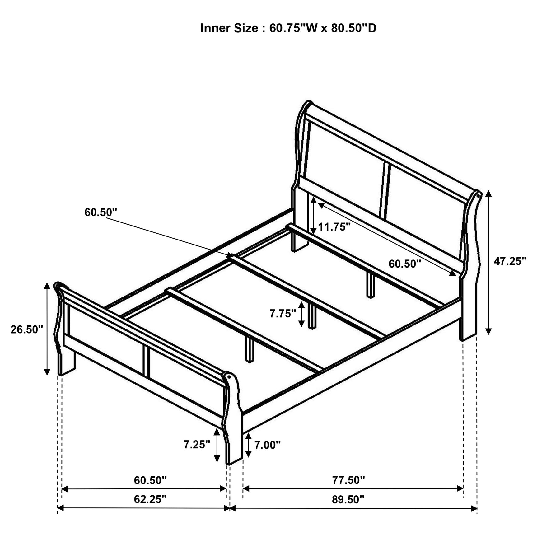 Louis Philippe queen sleigh bed slat support and center legs