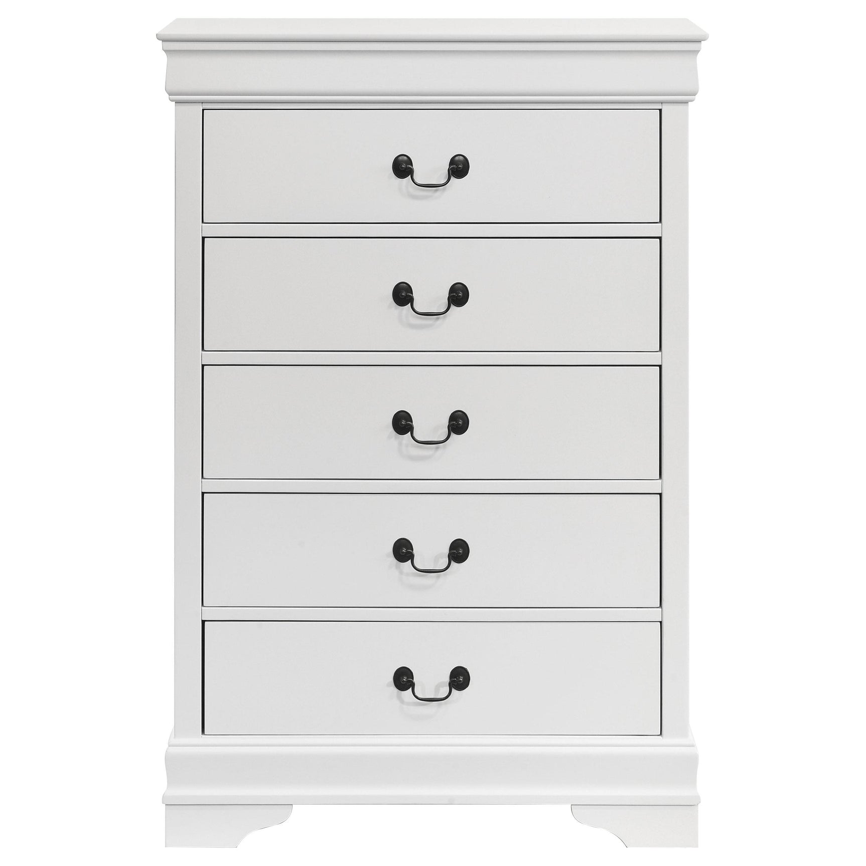 Side angle of Louis Philippe white bedroom chest