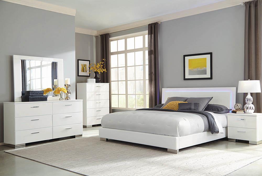 Felicity Eastern King Panel Bed with LED Lighting Glossy White angled view