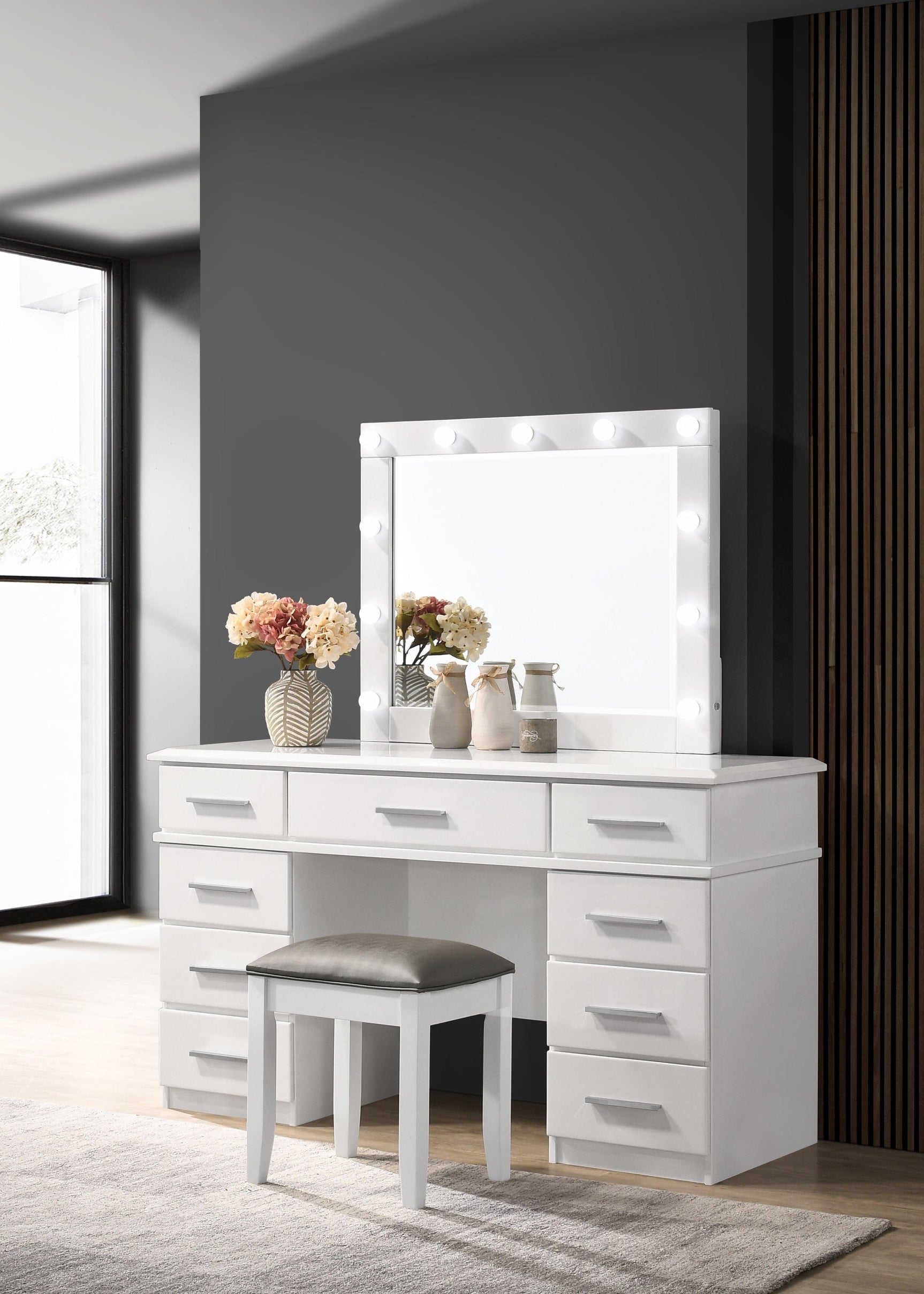 Felicity 6-Drawer Glossy White Contemporary Dresser close-up on veneer finish