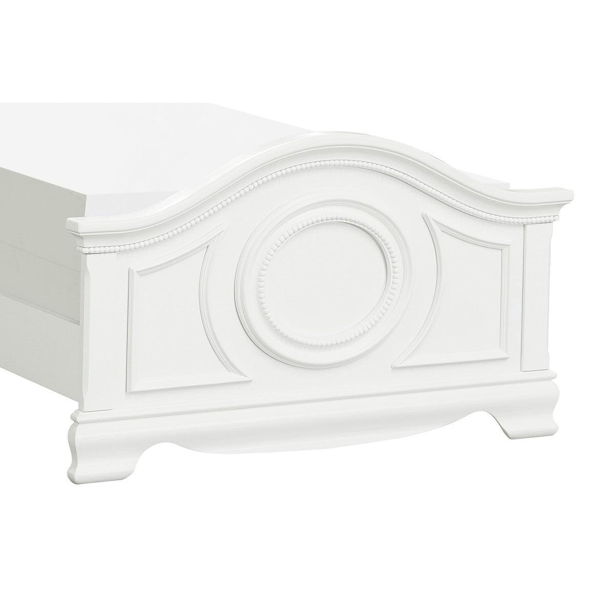 Close-up of white finish and design details on Lucida Twin Bed footboard