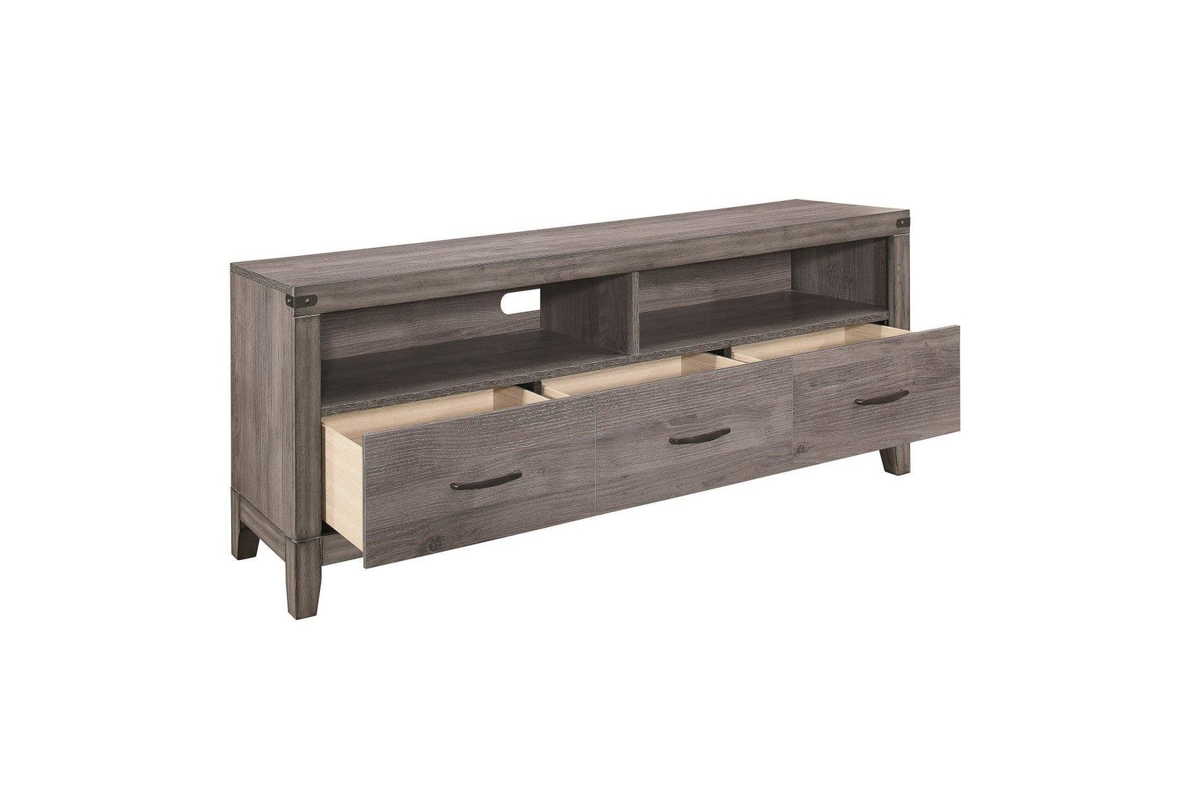 Woodrow TV Console open shelving and drawer storage