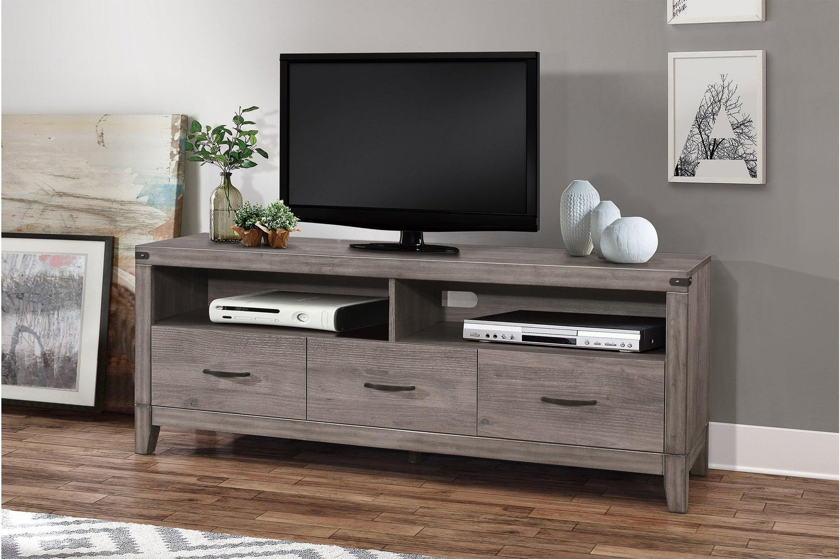 Woodrow TV Console angled view showing metal frame and storage